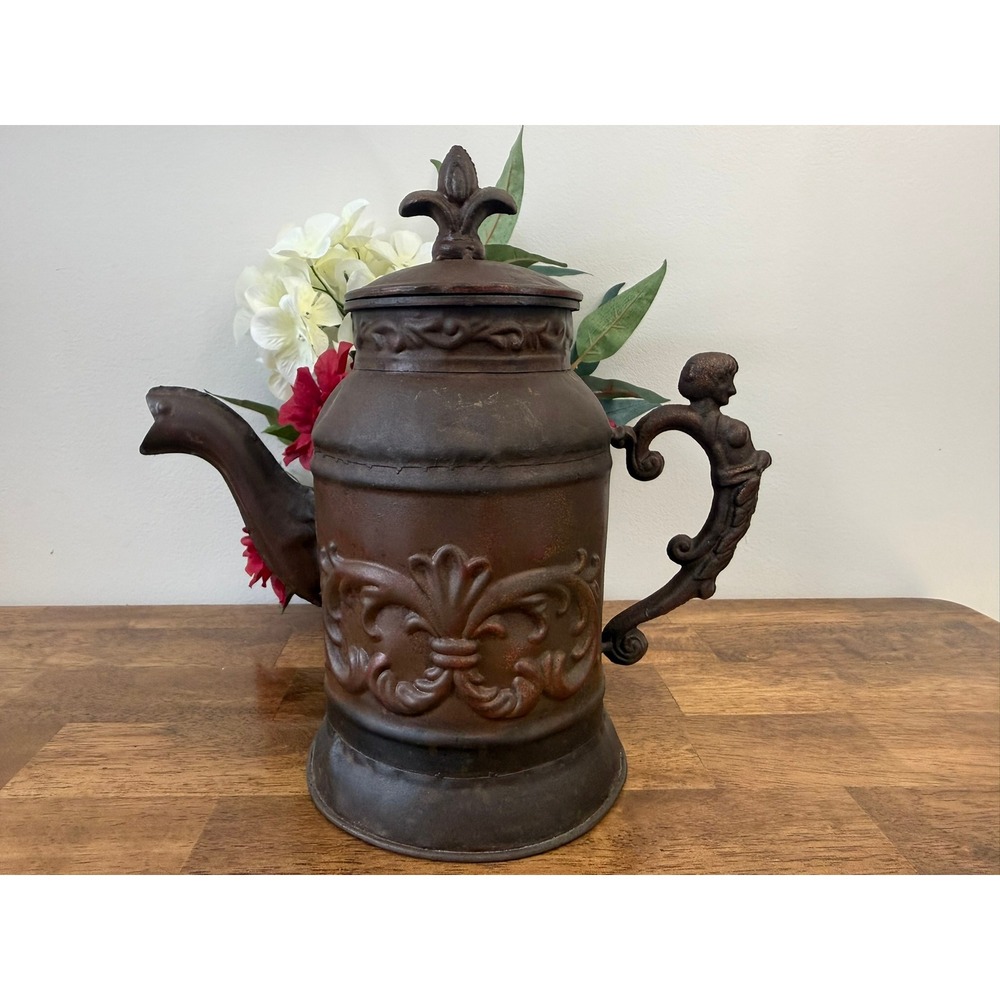 Large Vintage Metal Watering Can Fleur de Lis Mermaid Handle Gothic Garden Decor